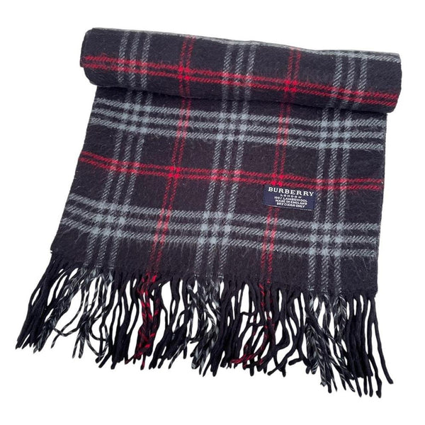 Vintage 90s Burberry Navy Blue Nova Check Lambswool Scarf