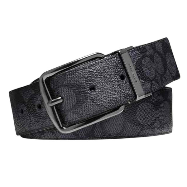 Coach Black and Grey Signature Harness Buckle Reversible Leather Belt