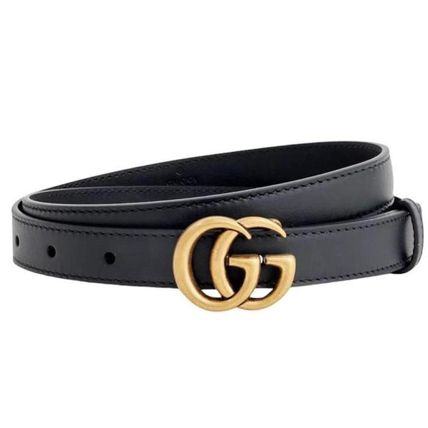 Gucci Black and Antique Brass Marmont Thin Leather Belt with GG Buckle