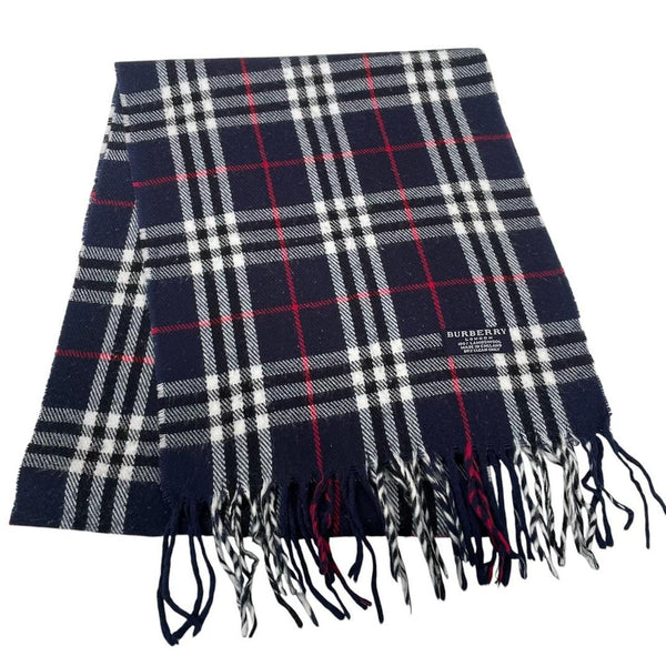 Vintage 90s Burberry Navy Blue Nova Check Lambswool Scarf