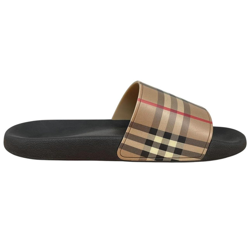 Burberry Tan Brown and Black Nova Check Furley Slides