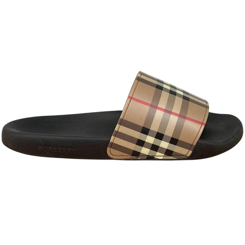 Burberry Tan Brown and Black Nova Check Furley Slides