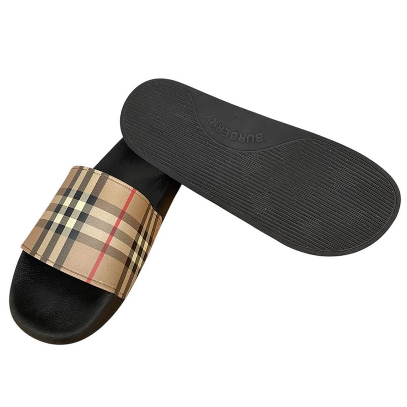 Burberry Tan Brown and Black Nova Check Furley Slides