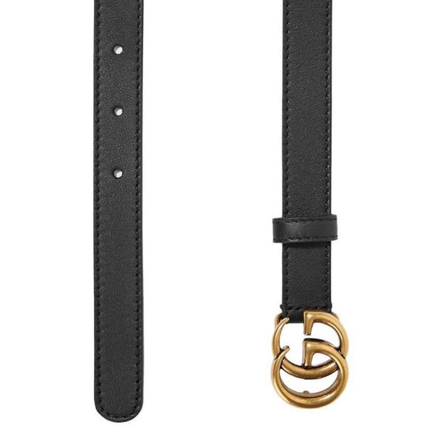 Gucci Black and Antique Brass Marmont Thin Leather Belt with GG Buckle