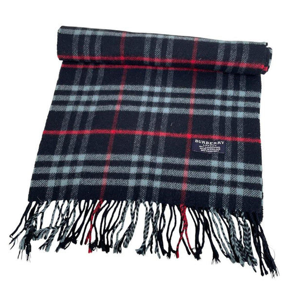 Vintage 90s Burberry Navy Blue Nova Check Lambswool Scarf