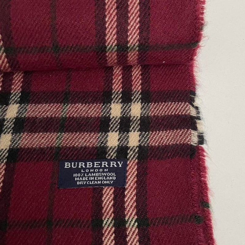 Vintage 90s Burberry Burgundy Nova Check Lambswool Scarf