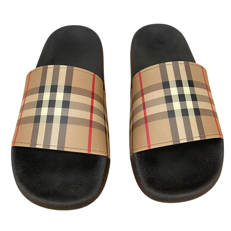 Burberry Tan Brown and Black Nova Check Furley Slides