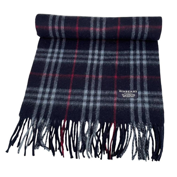 Vintage 90s Burberry Navy Blue Nova Check Lambswool Scarf