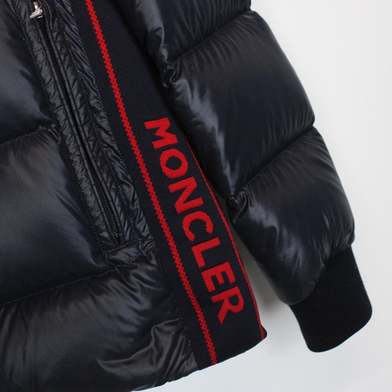 Moncler Lunetiere Navy Blue and Red Full Zip Hooded Down Jacket