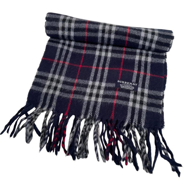 Vintage 90s Burberry Navy Blue Nova Check Lambswool Scarf