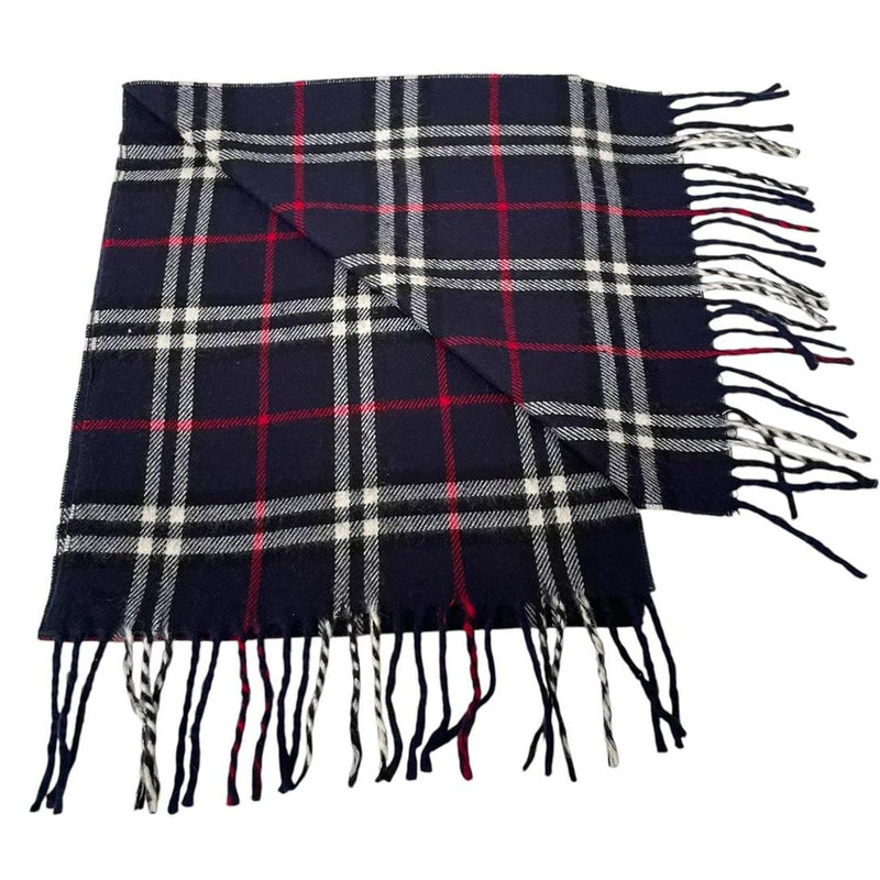 Vintage 90s Burberry Navy Blue Nova Check Lambswool Scarf