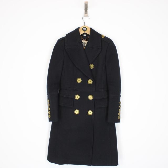 Burberry London Navy Blue and Gold Wool Double Breasted Trench Coat