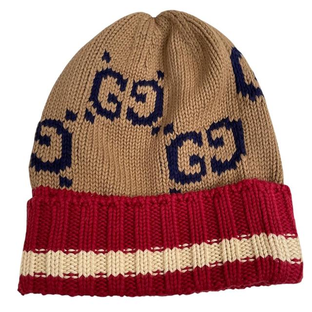 Gucci Tan Brown and Red Monogram GG Cotton Beanie Hat