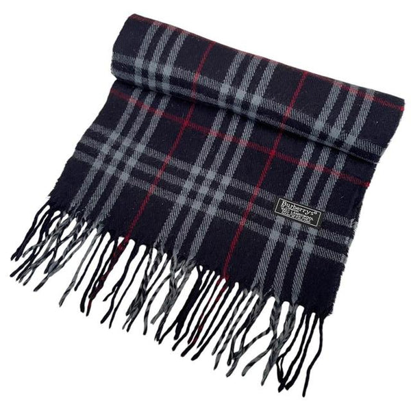 Vintage 90s Burberry Navy Blue Nova Check Lambswool Scarf