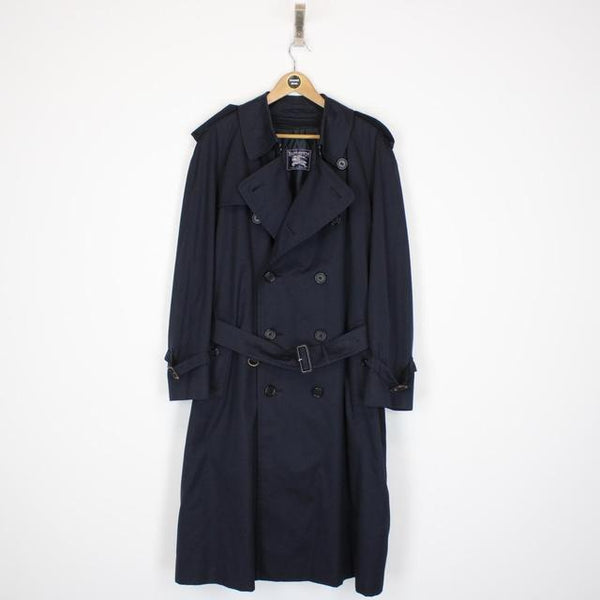 Vintage 90s Burberry Navy Blue Double Breasted Belted Trench Coat