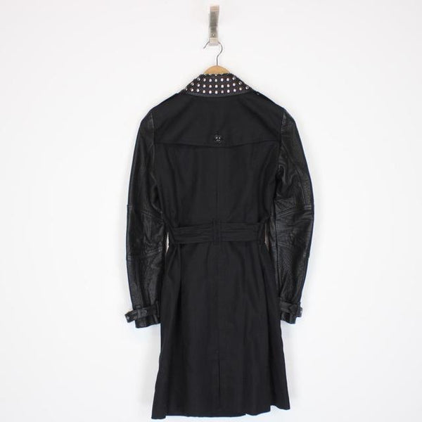 Burberry Brit Black Leather/Cotton Double Breasted Belted Trench Coat