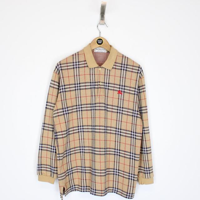 Vintage 90s Burberry Beige Nova Check Long Sleeve Polo Shirt