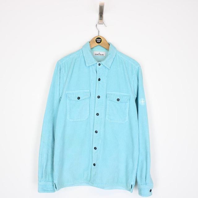 Stone Island AW 2020 Turquoise Blue Long Sleeve Jumbo Corduroy Shirt