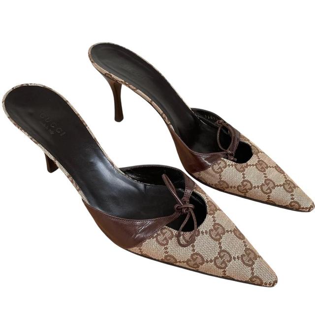 Gucci Beige and Brown Monogram Canvas Heeled Mules