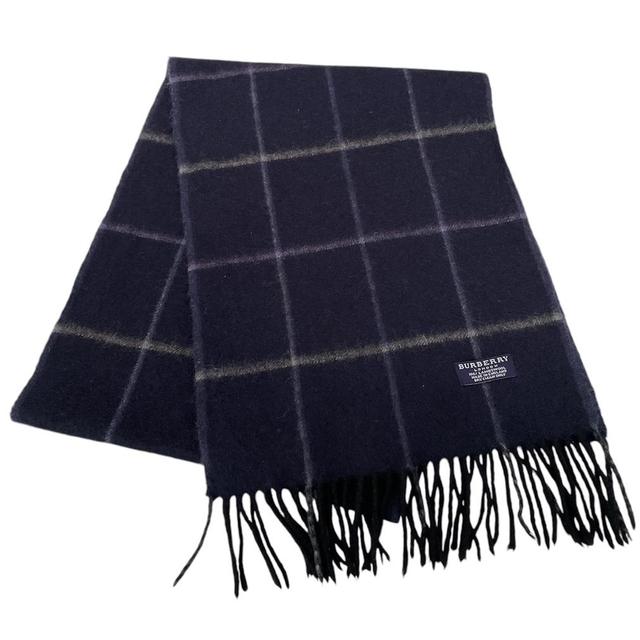 Vintage 90s Burberry Navy Blue Check Lambswool Scarf