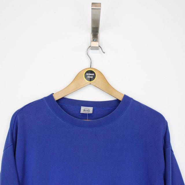 Vintage 90s Hugo Boss Blue and White Spellout Sweatshirt Jumper