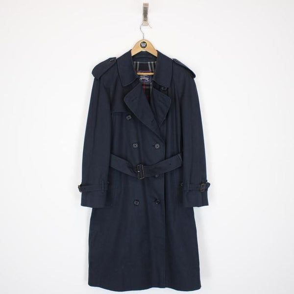 Vintage 90s Burberry Navy Blue Nova Check Double Breasted Belted Trench Coat