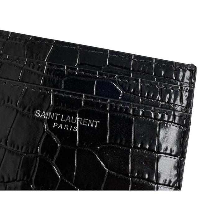 Saint Laurent Black and Silver Crocodile Embossed Leather Card Holder