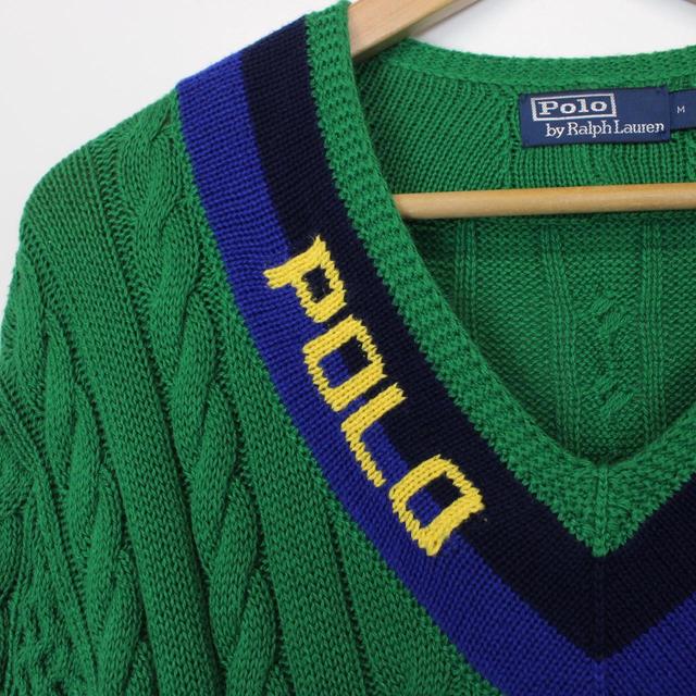 Polo Ralph Lauren Green and Navy Blue Cable Cotton Knit Cricket Jumper