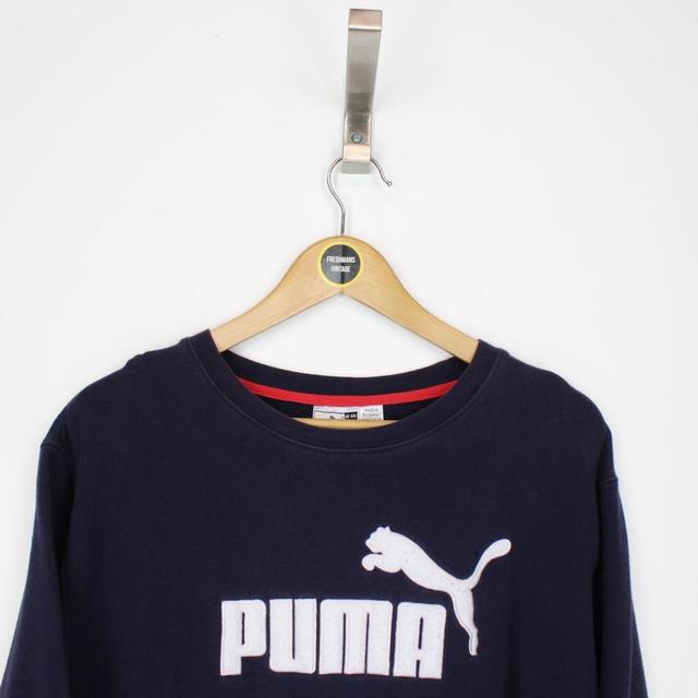 Vintage 90s Puma Navy Blue and White Spellout Sweatshirt Jumper