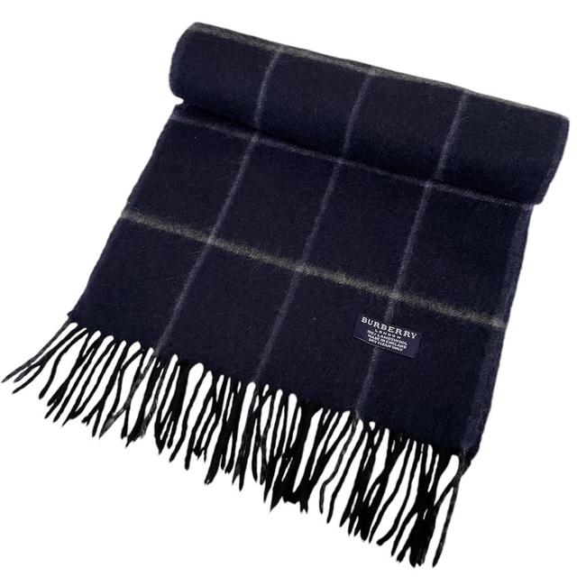 Vintage 90s Burberry Navy Blue Check Lambswool Scarf