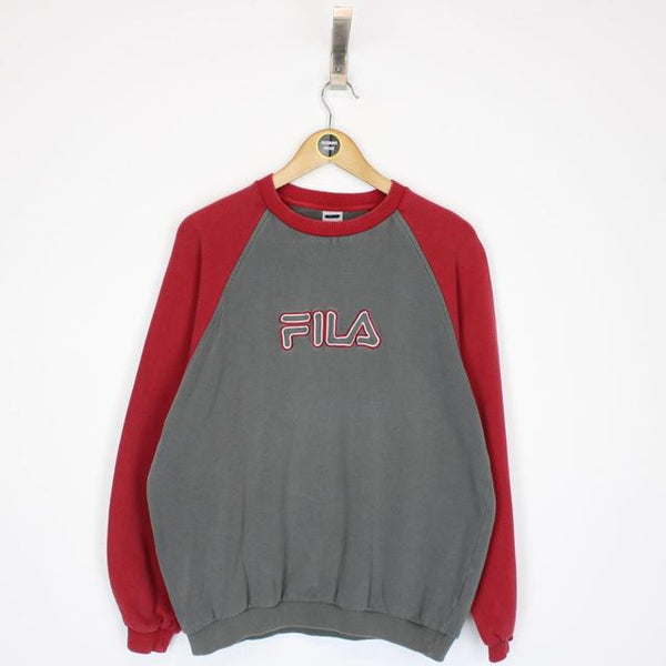 Vintage 00s Fila Grey and Red Spellout Sweatshirt Jumper