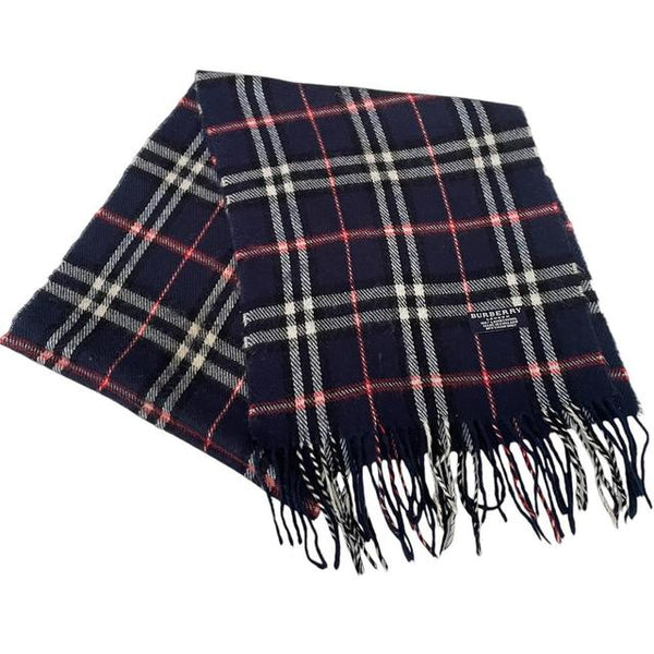 Vintage 90s Burberry Navy Blue Nova Check Lambswool Scarf