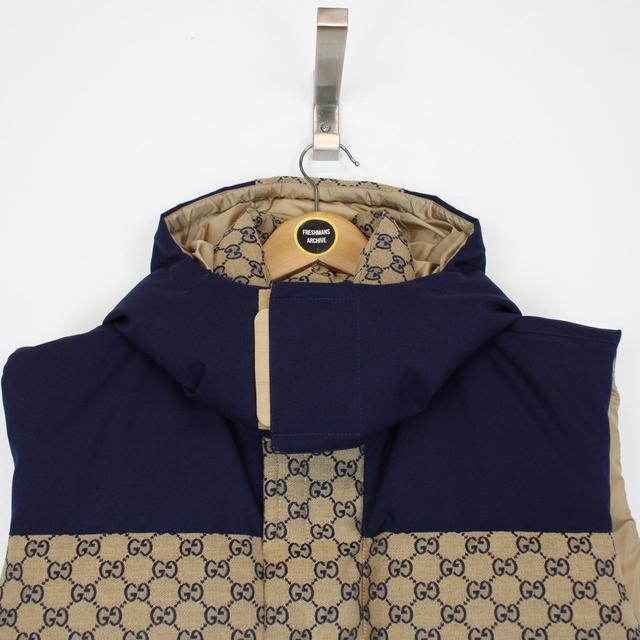 Gucci Tan Brown and Navy GG Monogram Canvas Hooded Gilet / Bodywarmer