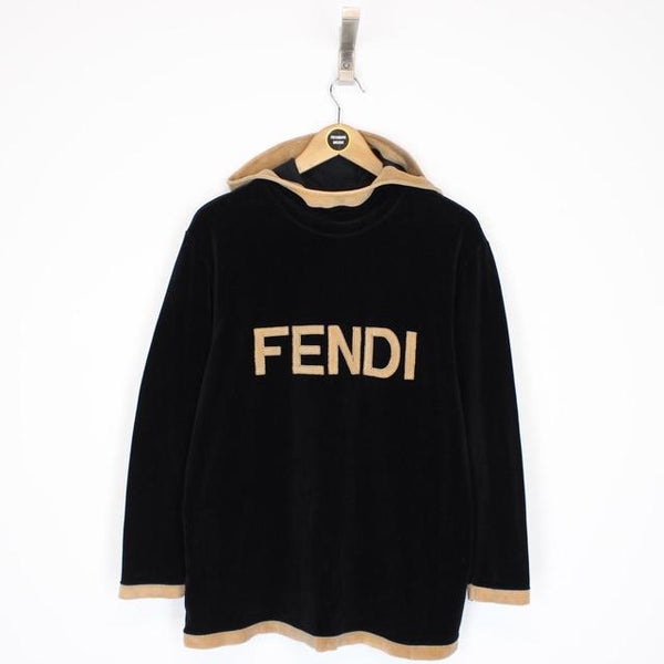 Vintage 90s Fendi Black and Tan Velour Logo Hoodie Jumper