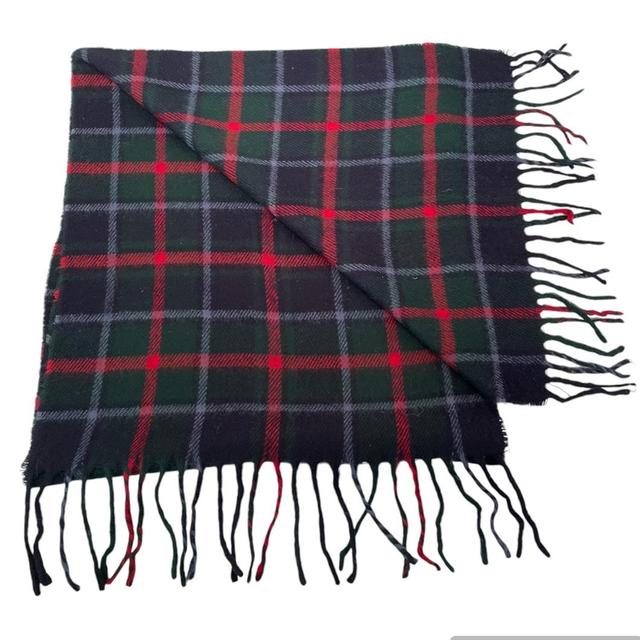 Vintage 90s Burberry Navy Blue, Red and Green Check Lambswool Scarf