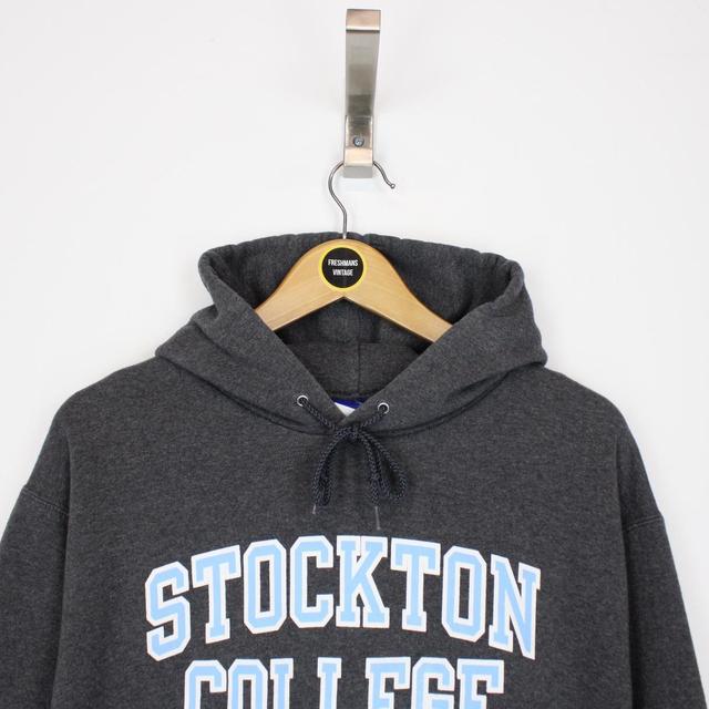 Vintage 90s Champion Stockton College USA Dark Grey Spellout Hoodie Jumper