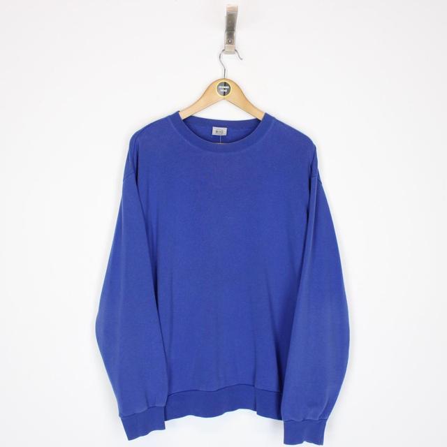 Vintage 90s Hugo Boss Blue and White Spellout Sweatshirt Jumper