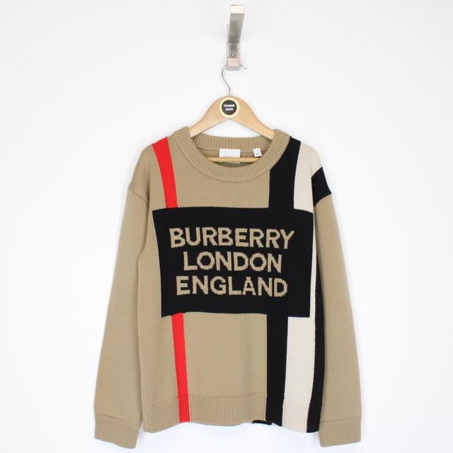 Burberry Tan Brown and Black Icon Stripe Logo Wool Knit Jumper