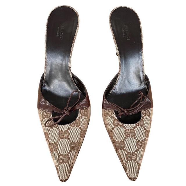 Gucci Beige and Brown Monogram Canvas Heeled Mules