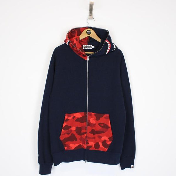 Bape Navy Blue and Red Camo Full Zip WGM Shark Hoodie Jumper