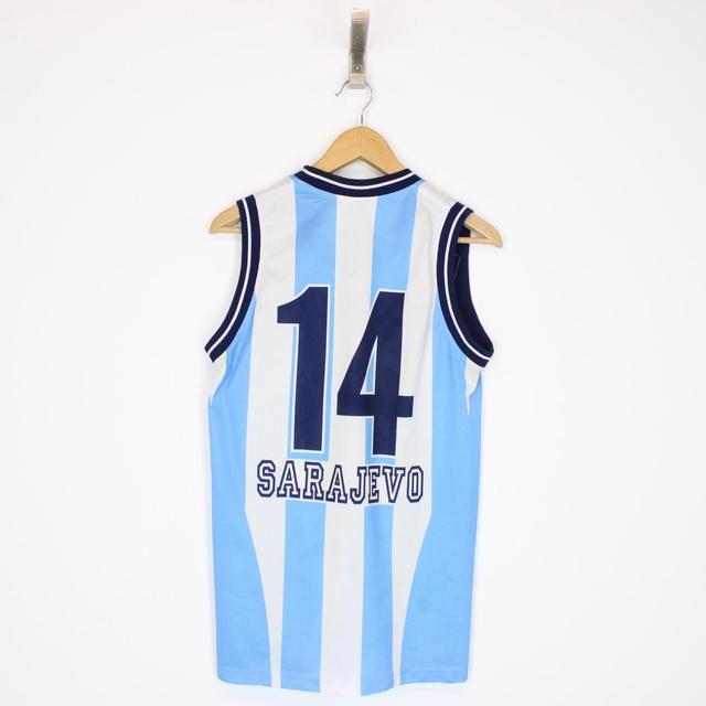 Vintage ZKK Zeljeznicar Sarajevo Blue and White Striped Basketball Vest Jersey