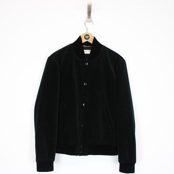 Saint Laurent Dark Green Teddy Logo Velvet Bomber Jacket