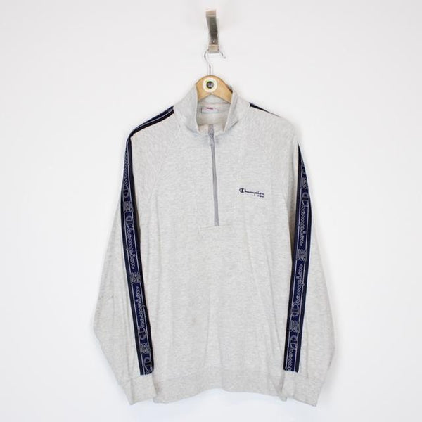 Vintage 90’s Champion Light Grey and Navy Blue Pullover 1/4 Zip Spellout Sweatshirt