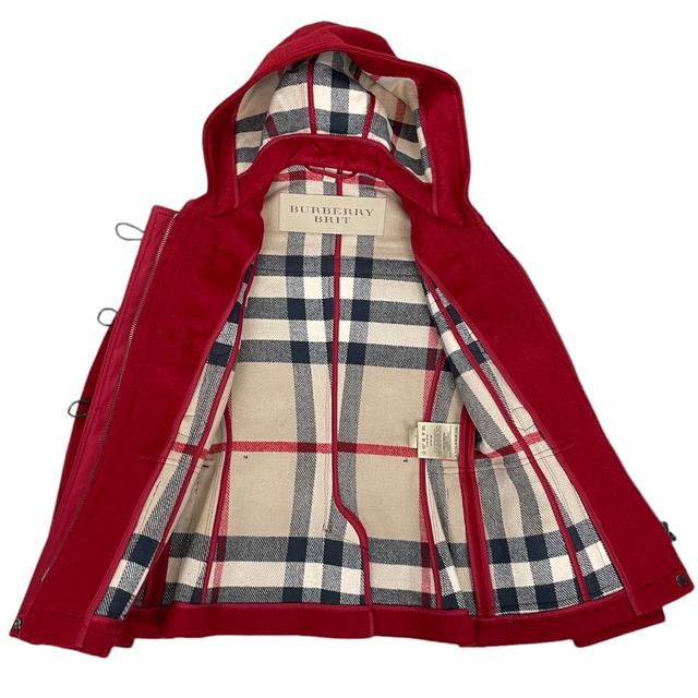 Burberry Brit Red Wool Nova Check Lined Hooded Jacket