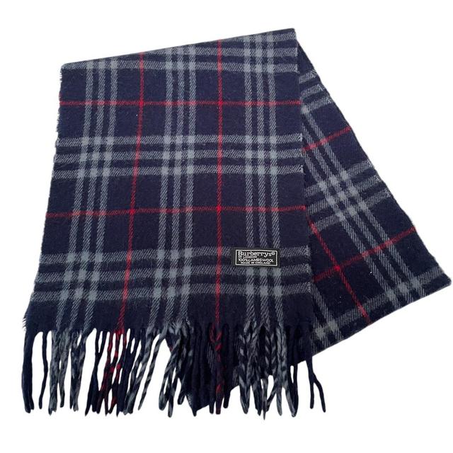 Vintage 90s Burberry Navy Blue Nova Check Lambswool Scarf