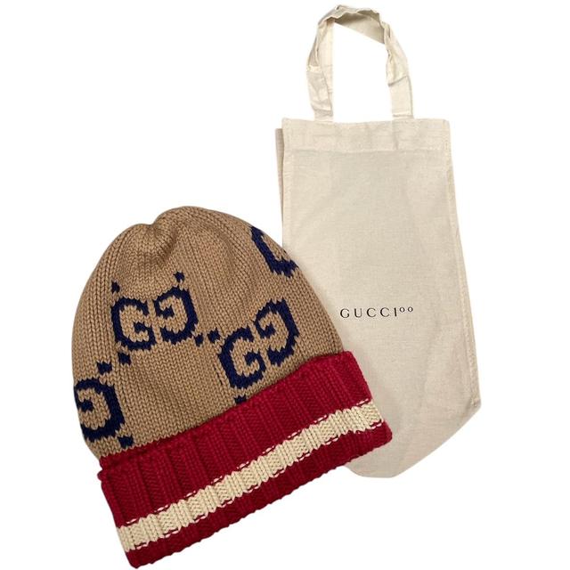 Gucci Tan Brown and Red Monogram GG Cotton Beanie Hat