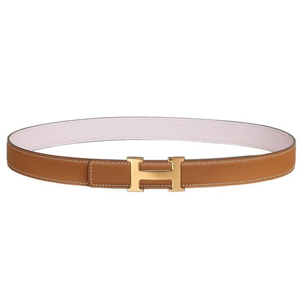 Hermes Brown, Mauve and Gold Mini H Reversible Leather Belt