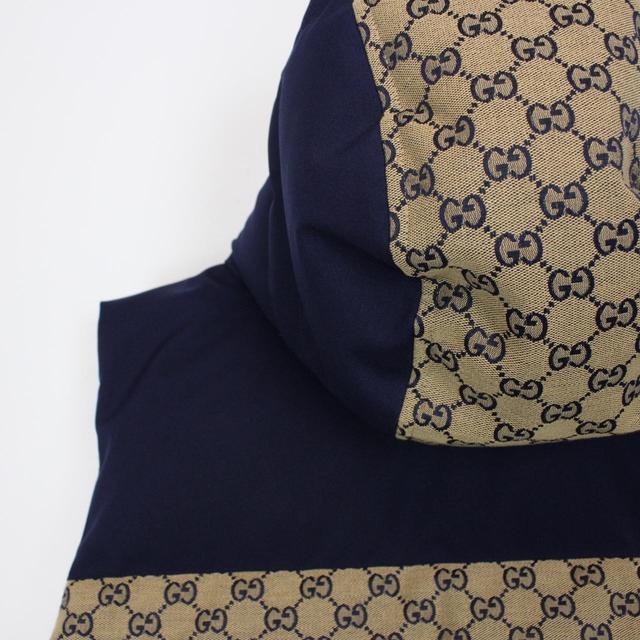 Gucci Tan Brown and Navy GG Monogram Canvas Hooded Gilet / Bodywarmer