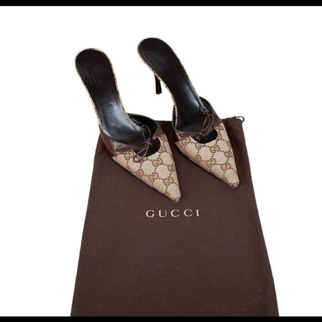 Gucci Beige and Brown Monogram Canvas Heeled Mules