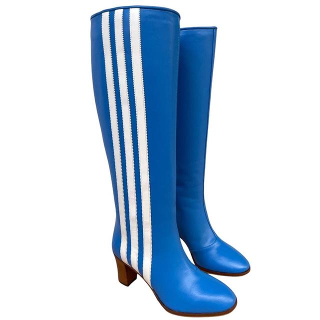 Gucci x Adidas Blue and White Leather Knee-High Heeled Boots